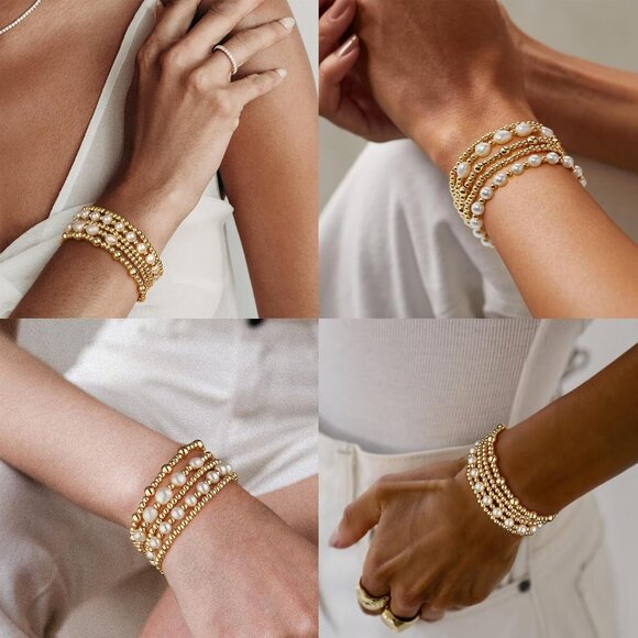 Gold Bracelets for Women Beaded Bracelet 14K Gold Plated Bracelet Stack Strand S - Picture 8 of 8